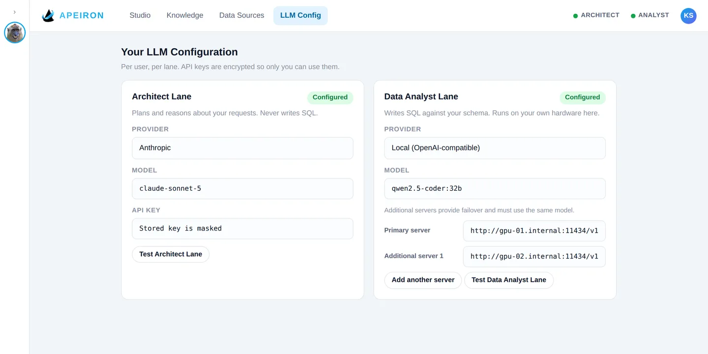 LLM Config with the Data Analyst lane on multiple local model servers